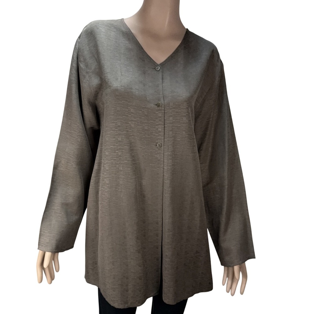 Eileen Fisher Womens V-Neck Jacket Topper Plus Size 1X‎ Gray Textured Silk Linen